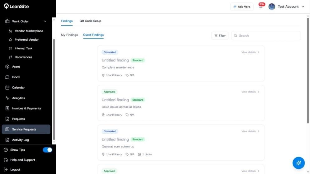 Guest Findings queue showing service-request cards, Standard urgency, Converted and Approved states, search and filter controls.