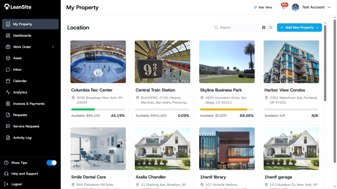 LeanSite FM Portal showing the full left navigation, Ask Vera, notification bell and an open property record.
